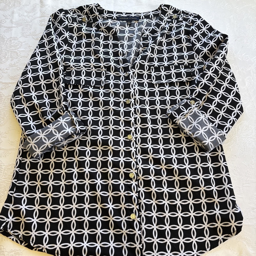 Adrienne Vittadini Women's Black 3/4 Sleeve Geometric Summer Sailing Top Size S